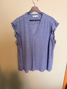 V-Neck Dusty Blue Dot Flutter Sleeve Blouse